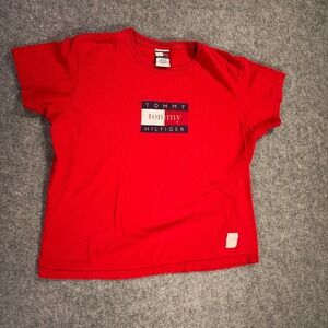 90s Y2K Tommy Hilfiger Baby Tee Womens XL Red Flag Box Logo Preppy Crop Graphic